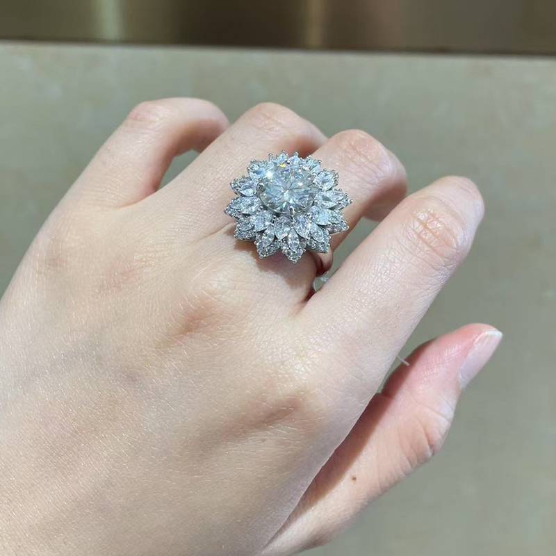 太阳花Women's RingS925银镀白金定制选款主石Moissanite4.0ct/副石高碳钻
